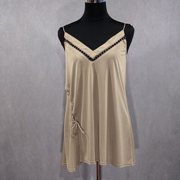 NWOT Mocha V-Neck Hoop Embellished Lace-Up Top - Picture 5 of 5